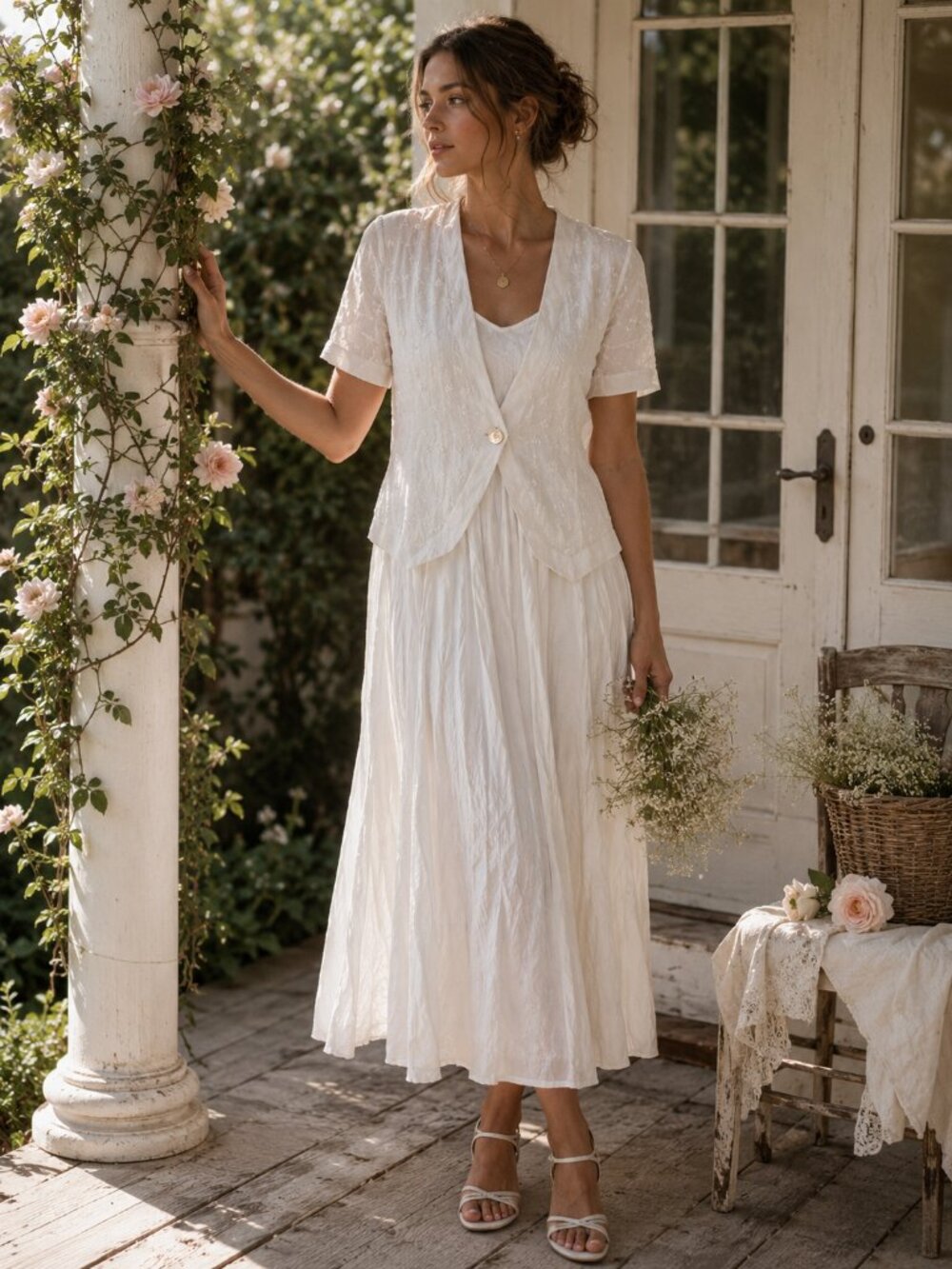 Summer Vintage Embroidered Midi Dress Algo White Cottagecore 7/8
